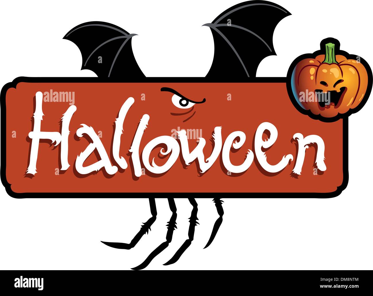 Halloween gruselig Betitelung mit Fledermausflügeln, die Spinnenbeine und einen Kürbiskopf Jack-O-Laterne Stock Vektor