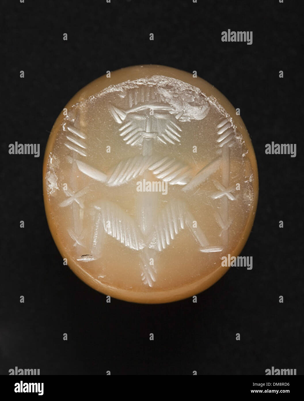 Dieses Stempelsiegel aus dem Nahen Osten, das in der Sammlung der antiken und islamischen Kunst zu sehen ist, zeigt komplizierte islamische Kunst. Das Siegel ist ein Beispiel für das kulturelle Erbe der Region und unterstreicht die Handwerkskunst und das Design, die in der alten islamischen Kunst vorherrschen. Stockfoto