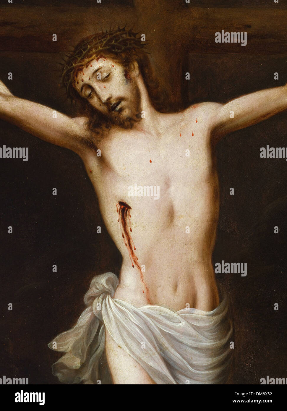 „Die Kreuzigung“ (La Kreuzigung) präsentiert eine lebendige Interpretation der letzten Momente Christi am Kreuz, die religiöse Symbolik mit emotionaler Tiefe verbindet. Dieses Stück hebt die kraftvollen Themen Opfer und Erlösung hervor. Stockfoto