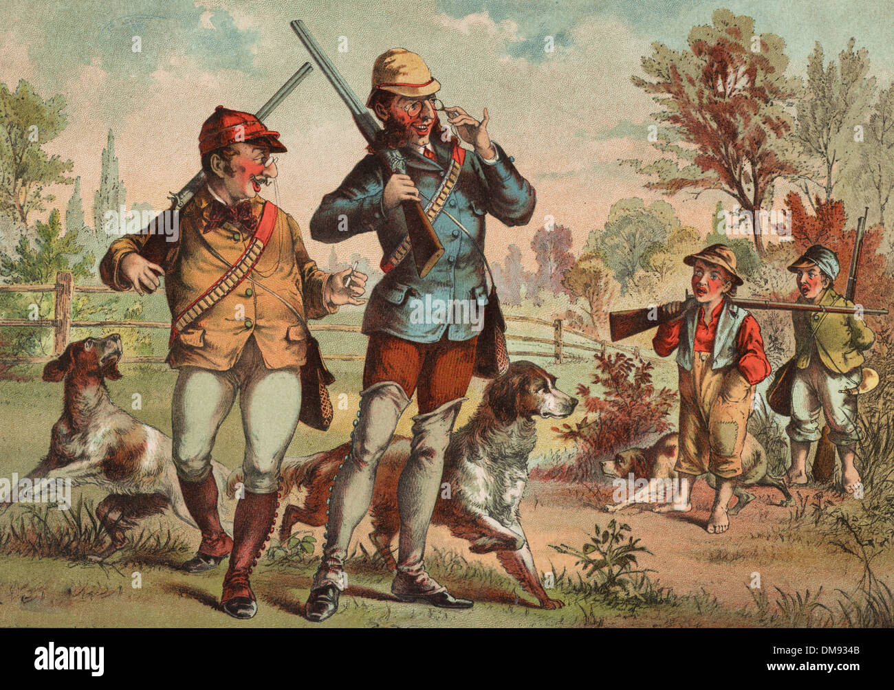 Topf Jäger Geringschätzung Rustics - Oberschicht Jäger auf der Suche nach unten auf die Einheimischen, ca. 1883 Stockfoto