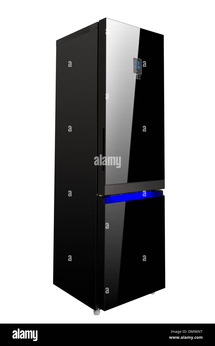 Zwei Glas Tür glänzend schwarz Kühlschrank isoliert auf weiss Stockfoto