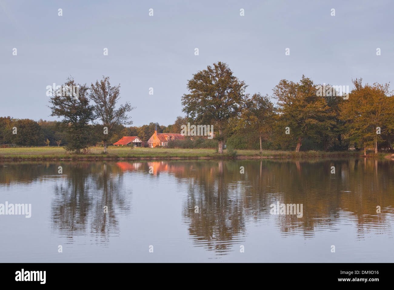 Ein Haus in Etang de oder Teich in der Sologne Gegend Frankreichs widerspiegeln. Stockfoto