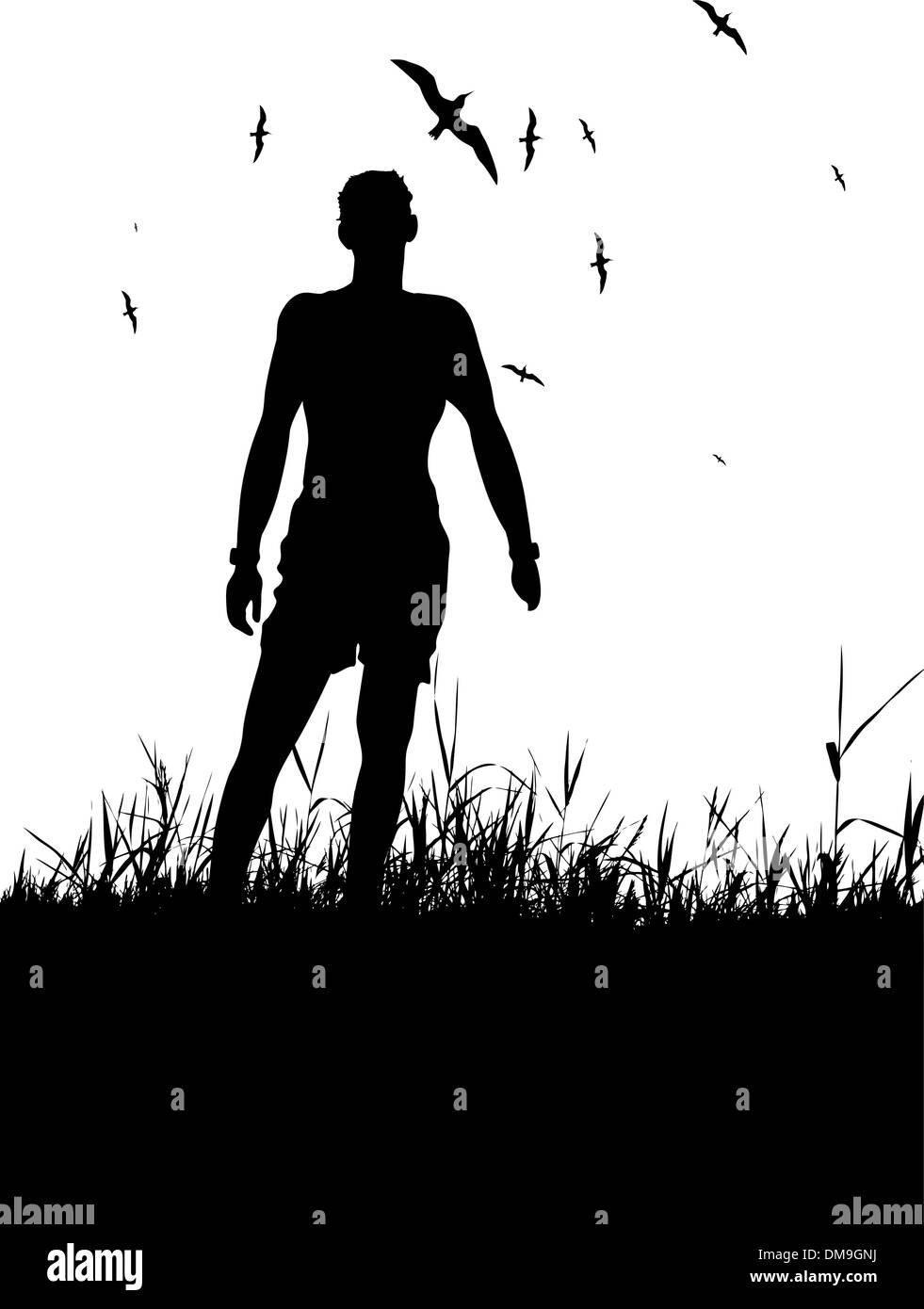 Paare, die auf Sommerwiese, schwarze silhouette Stock Vektor