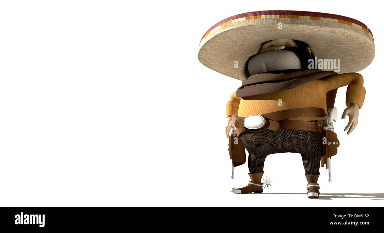 Ein Cartoon feindlichen Mexicano Hombre mit Pistolen in einem Holster um seine Taille in bereit Trank zu einem Duell, ein Poncho und sombrero Stockfoto