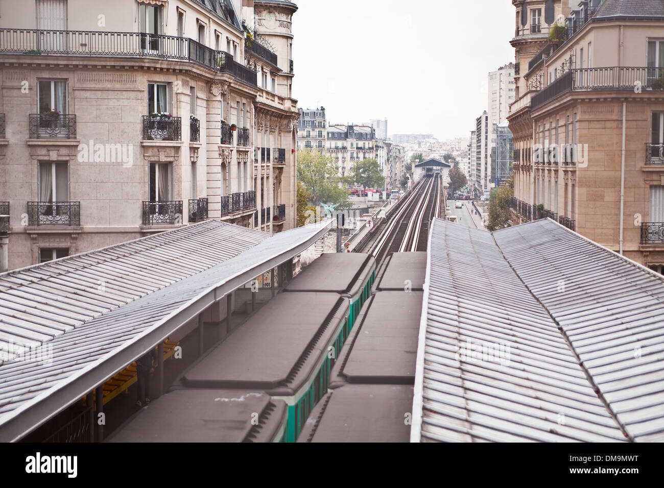 Paris Metro-Züge in der Station in Passy. Stockfoto