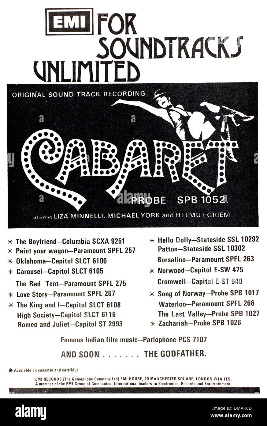 Alte Anzeige EMI Cabaret Show Soundtrack Archivierung Zeitdokument Stockfoto