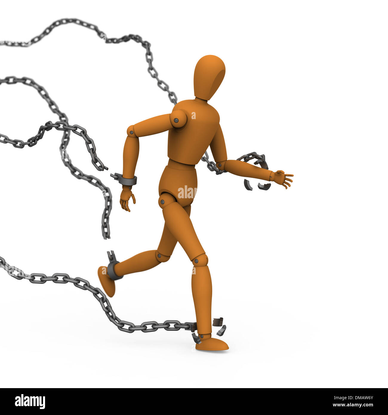 3D-Modell der Marionette erobern Ketten binden durch brechen und laufen in die Freiheit Stockfoto