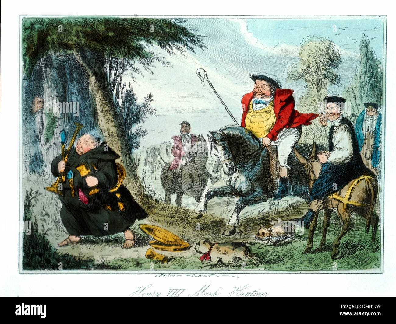 Henry VIII Mönch Jagd, Comic-Geschichte von England, farbige Radierung von John Leech, 1850 Stockfoto