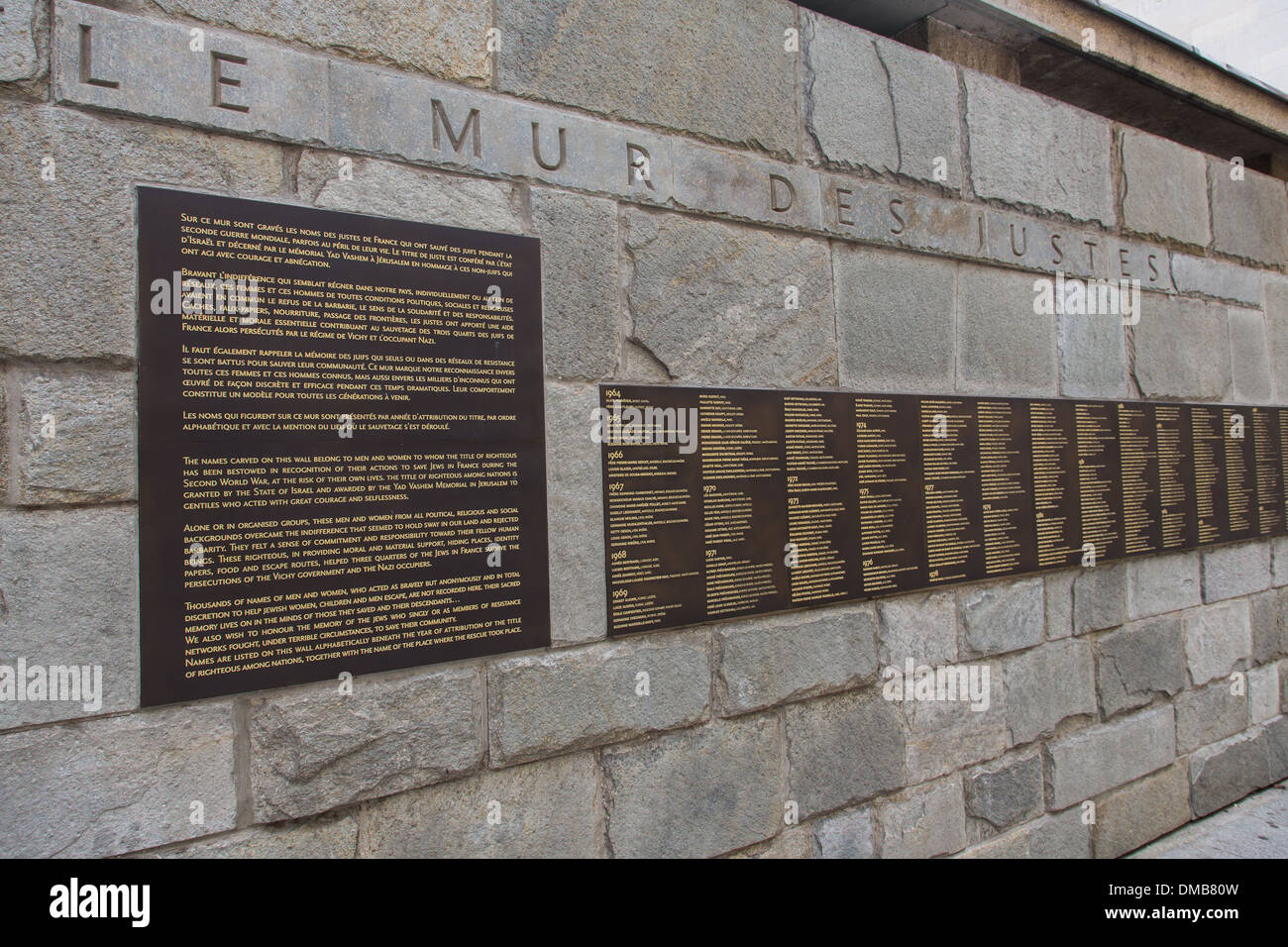 DIE SCHOA-MAHNMAL IST EIN MUSEUM GEWIDMET DEM HOLOCAUST UND DEN VÖLKERMORD AN DEN ZWEITEN WELTKRIEG, DIE MAUER DER GERECHTEN EHRT DIE MÄNNER UND FRAUEN, DIE GESCHÜTZT UND RETTETE DIE JUDEN VON FRANKREICH WÄHREND DES ZWEITEN WELTKRIEGS, 4. ARRONDISSEMENT, PARIS (75), ILE-DE-FRANCE, FR Stockfoto