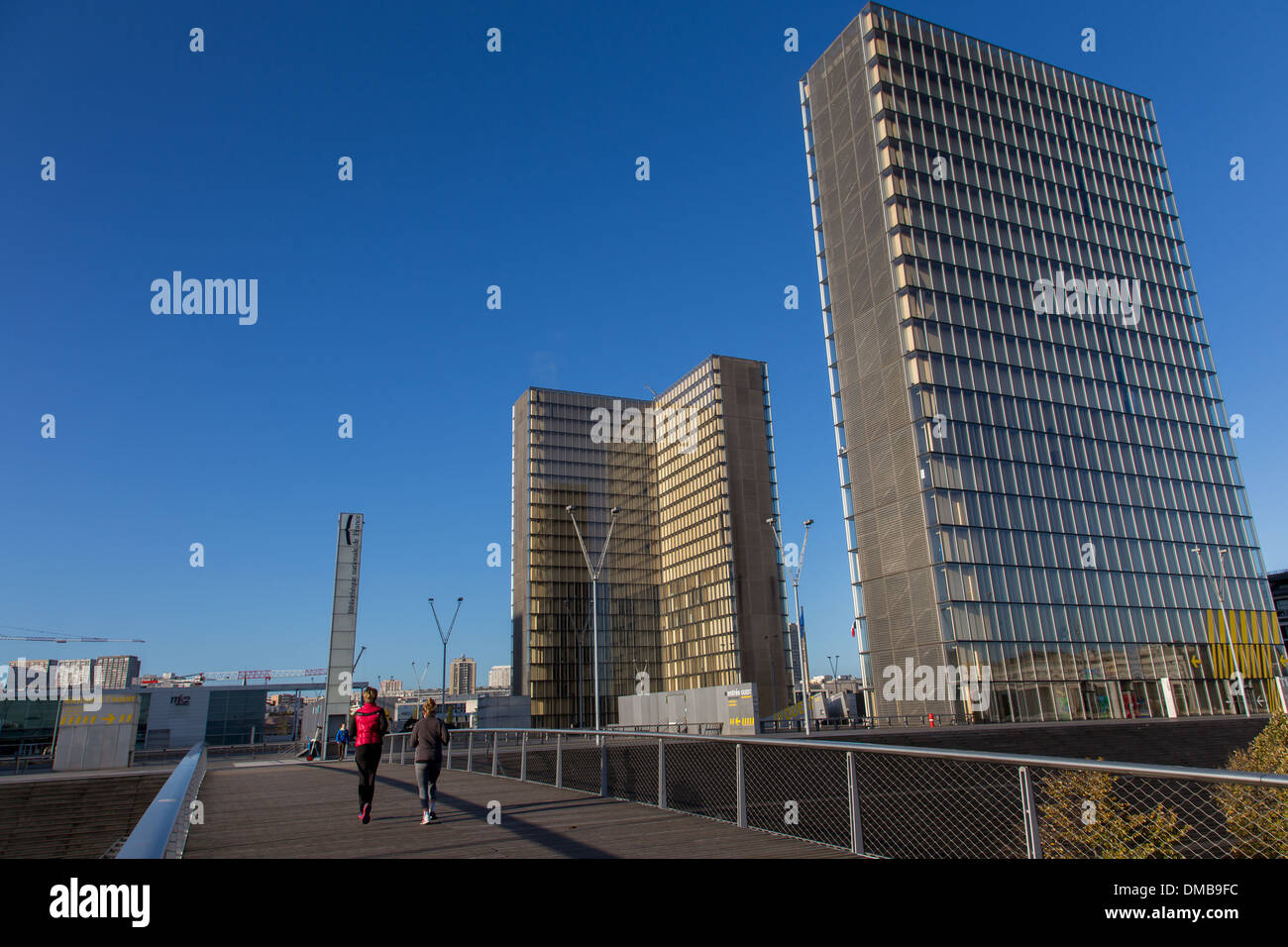 SIMONE DE BEAUVOIR FUßGÄNGERBRÜCKE UND FRANCOIS MITTERRAND BIBLIOTHEK, FRANZÖSISCHE NATIONALBIBLIOTHEK, BIBLIOTHÈQUE NATIONALE DE FRANCE, TGB, 13. ARRONDISSEMENT, PARIS, FRANKREICH Stockfoto