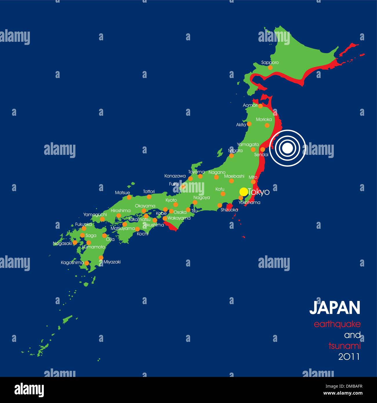 Detailkarte Japan Erdbeben mit Epizentrum Stock Vektor