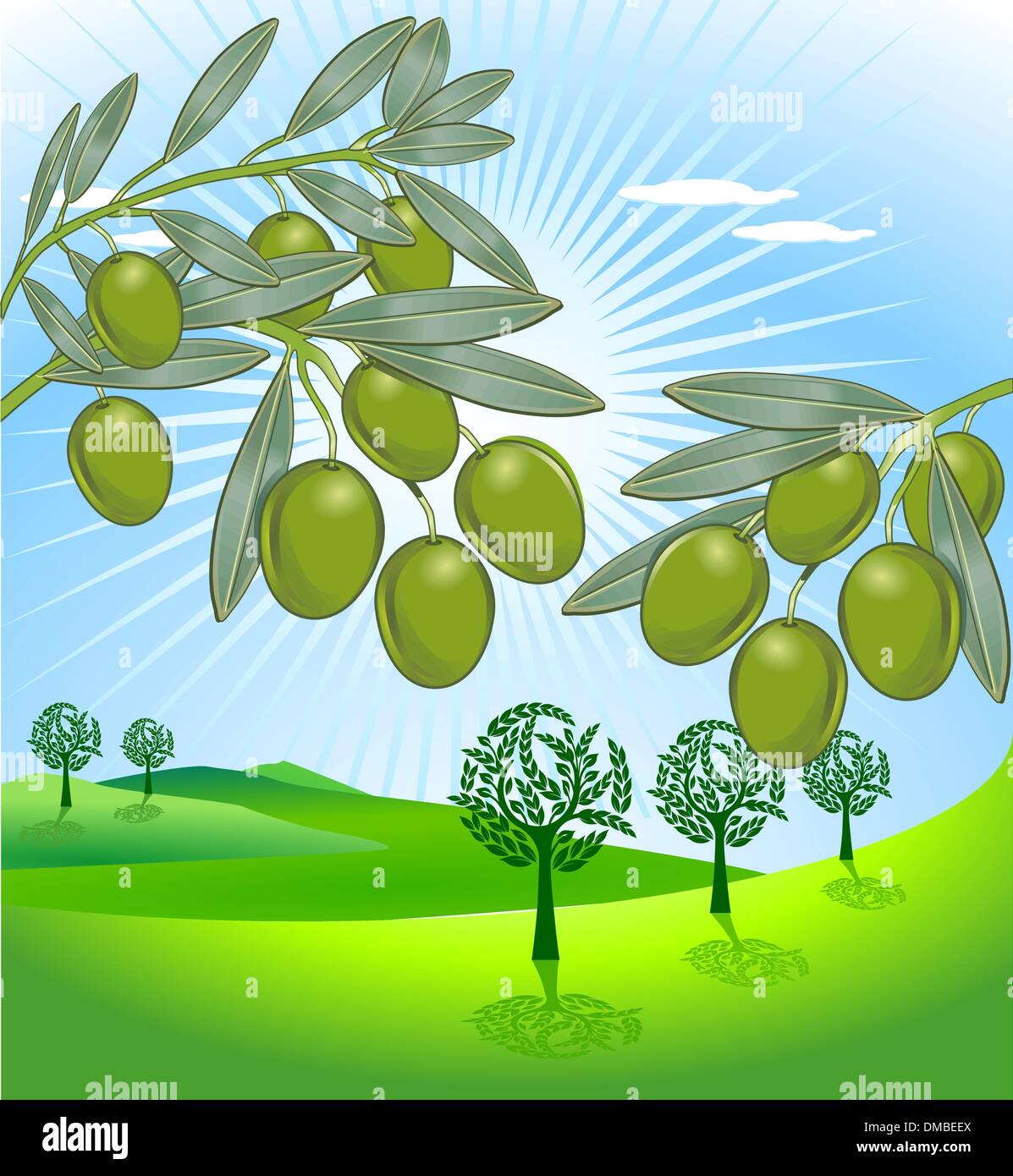 Olivenöl und frisch geernteten Oliven Stock Vektor