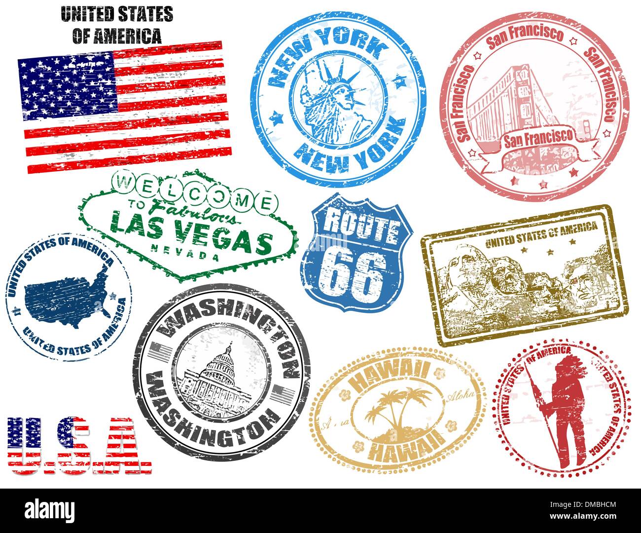 Briefmarken mit Vereinigte Staaten von Amerika Stock Vektor