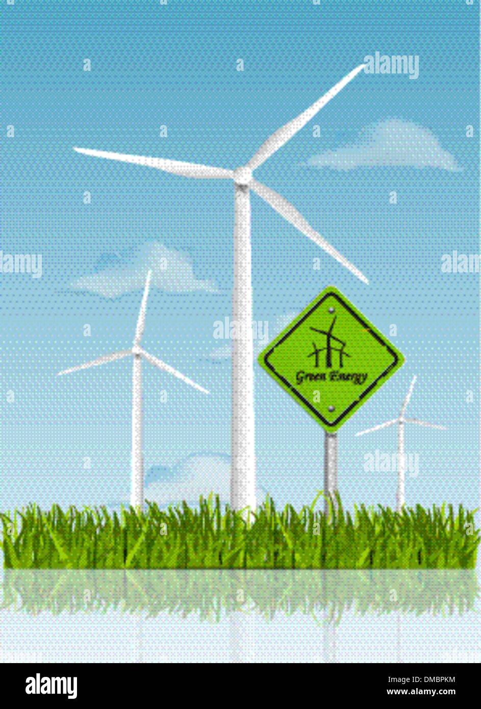 Windkraftanlagen auf der grünen Wiese Illustration Stock Vektor
