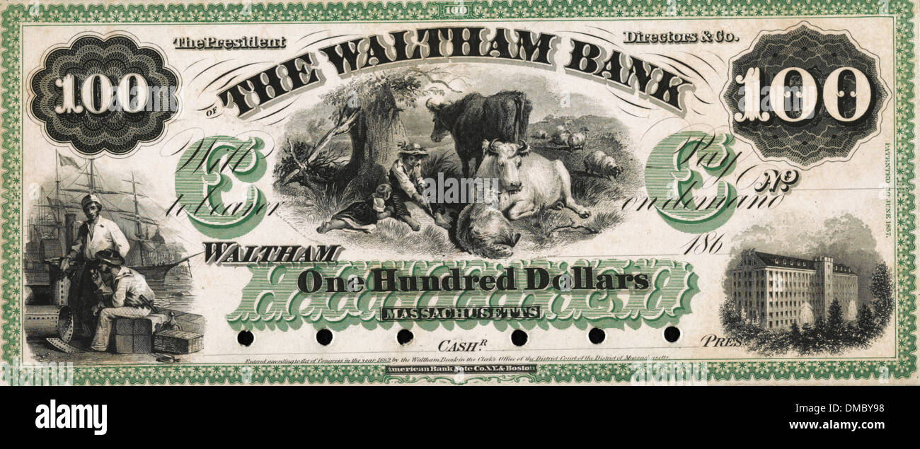 Der Waltham Bank hundert Dollar privaten Banknote Beweis Stockfoto