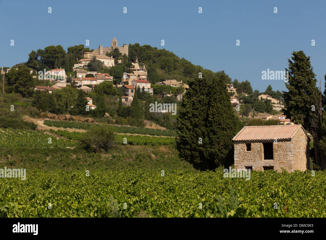 WEINBERGE UND BERGDORF VON RASTEAU, VAUCLUSE (84), FRANKREICH Stockfoto