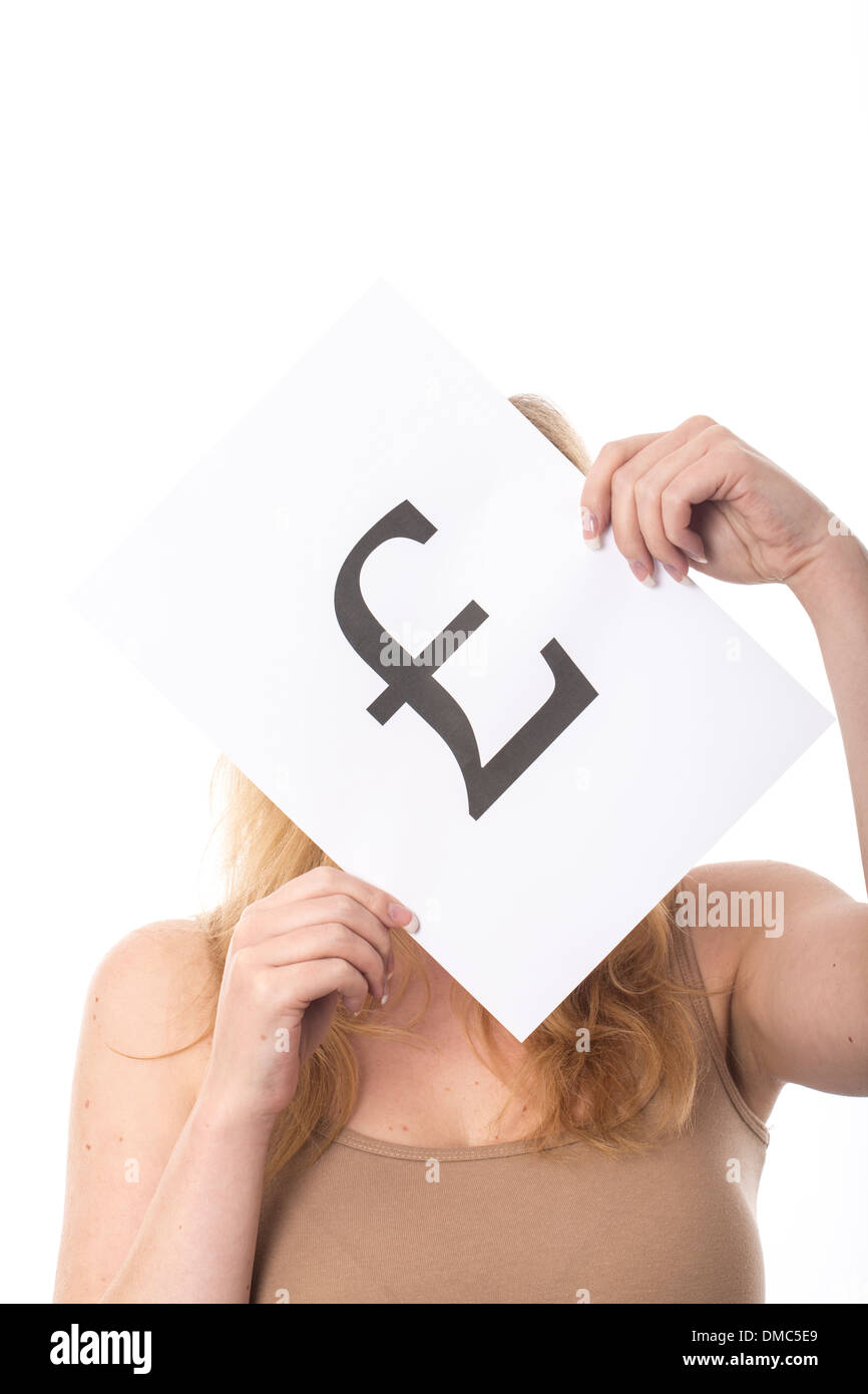 Junge Frau mit Schild britisches Pfund Stockfoto