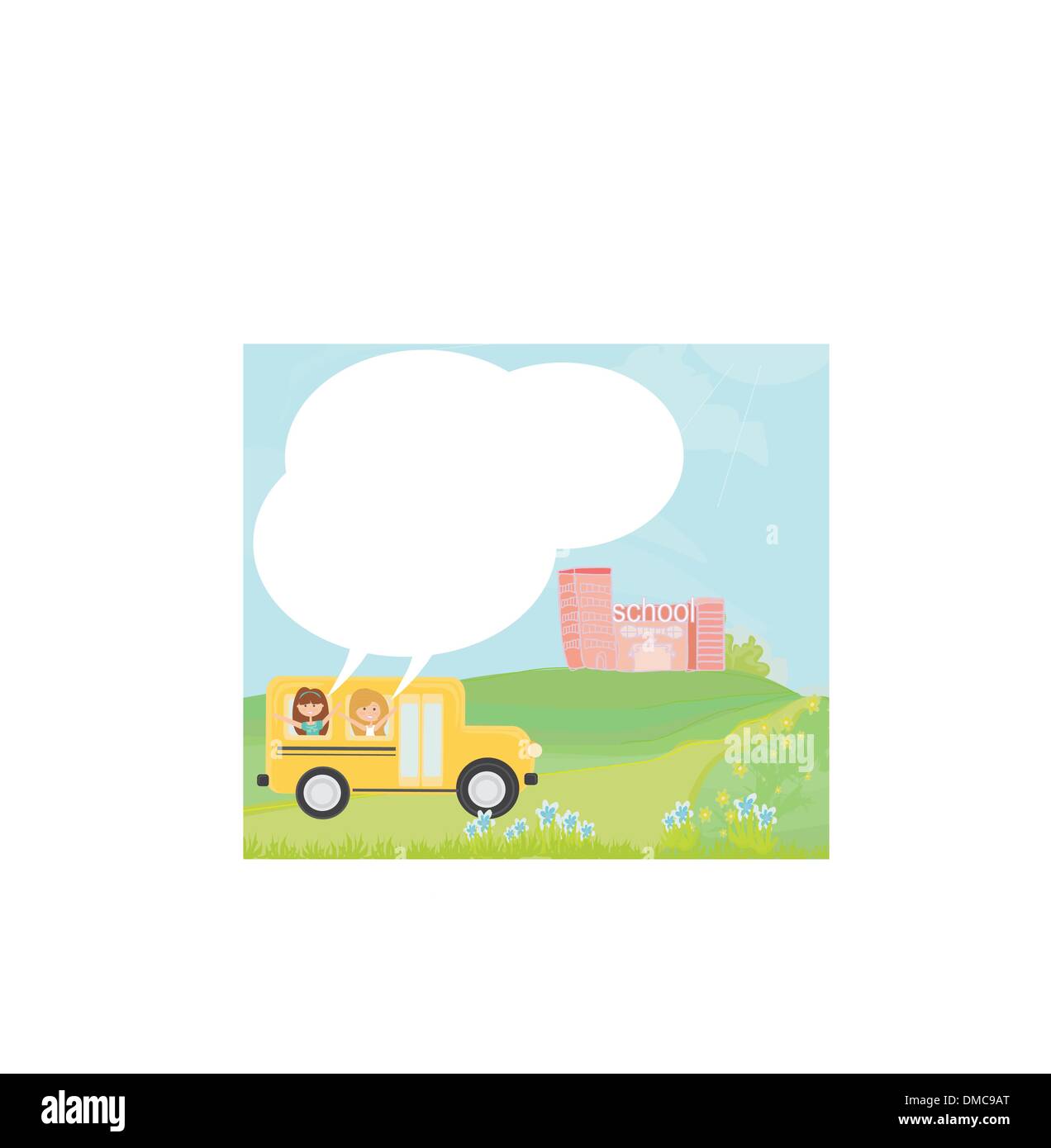 School Bus in Richtung zur Schule mit glücklichen Kindern Stock Vektor