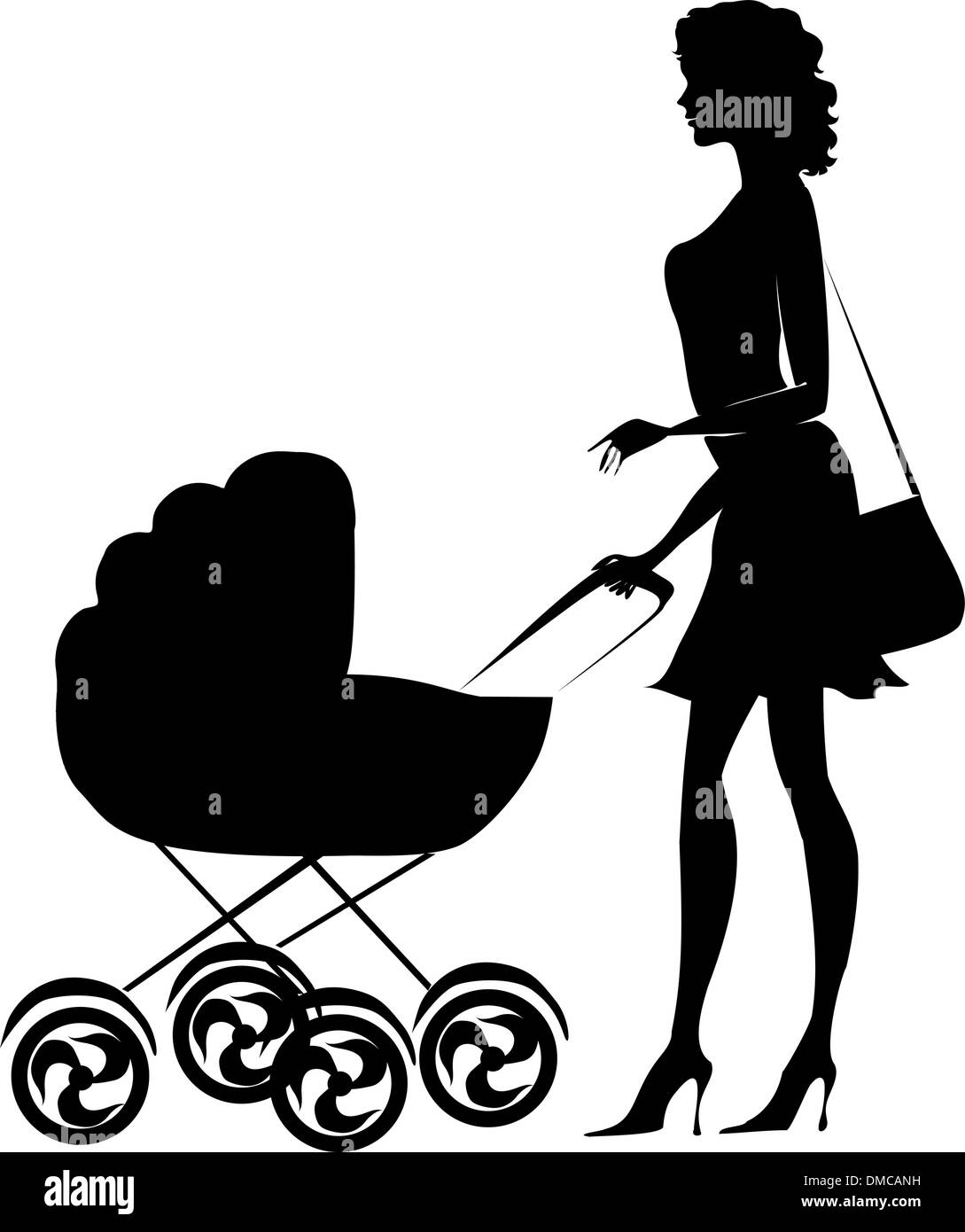 Silhouette einer Frau, die einen Kinderwagen schieben Stock Vektor