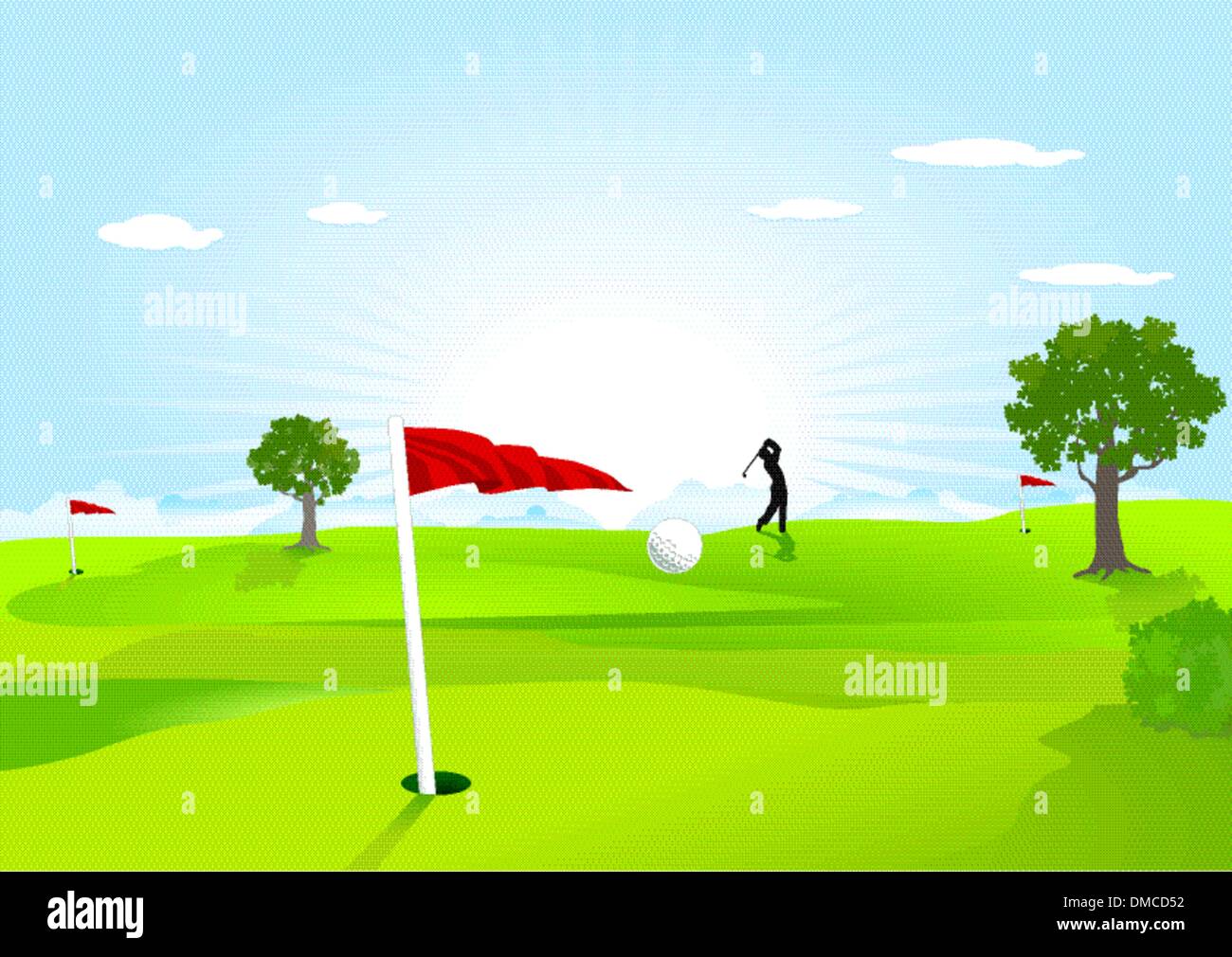 grünen Golfplatz mit roten Fahne Stock Vektor