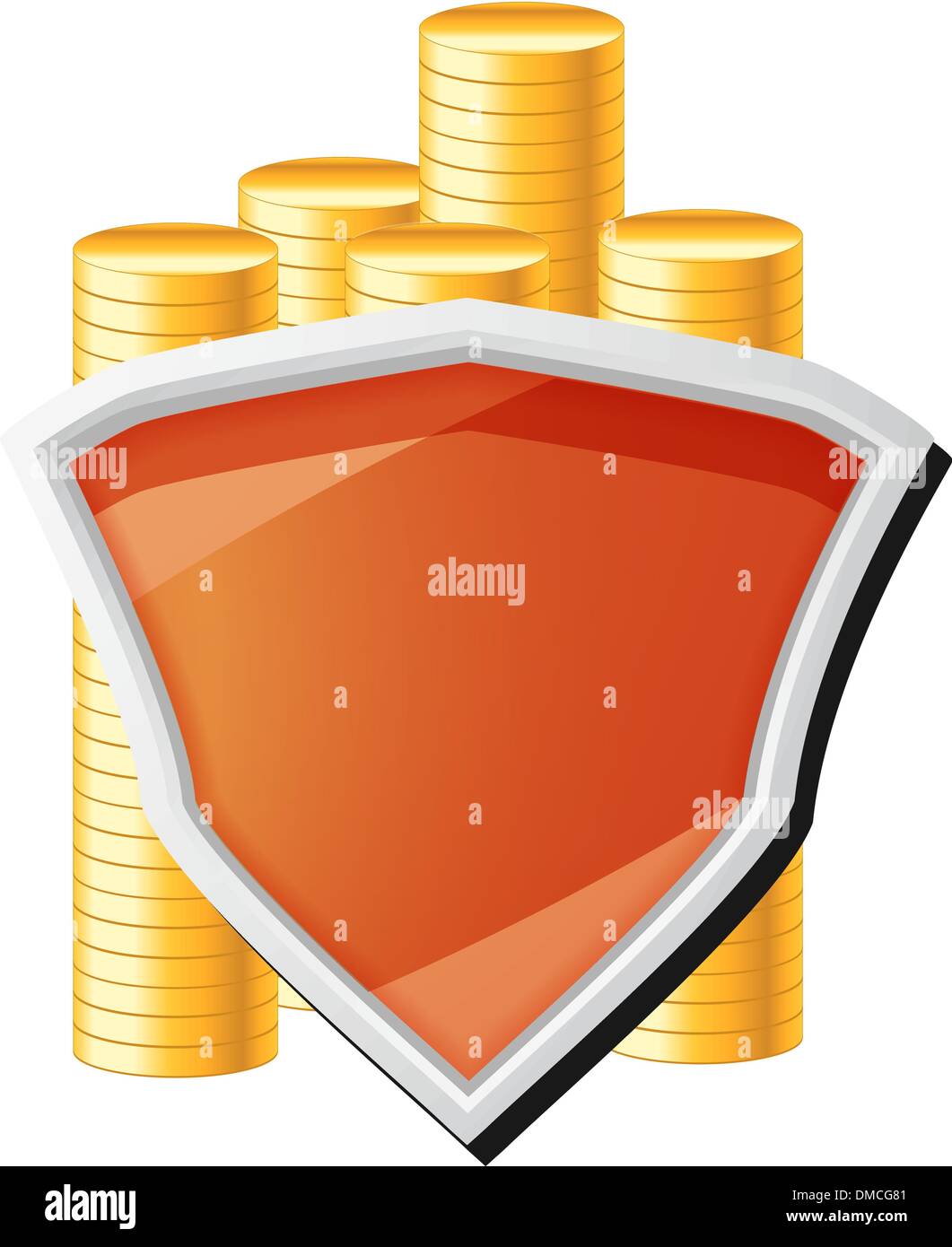 Geld-Symbol mit Schild und Münzen Stock Vektor