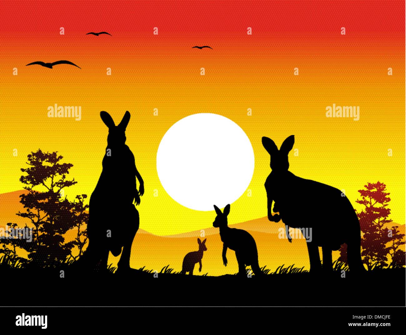 Silhouette der Känguru-Familie mit Landschaft Hintergrund Stock Vektor