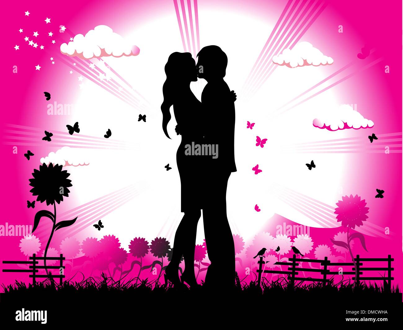 Paar küsst auf eine Wiese, schwarze silhouette Stock Vektor