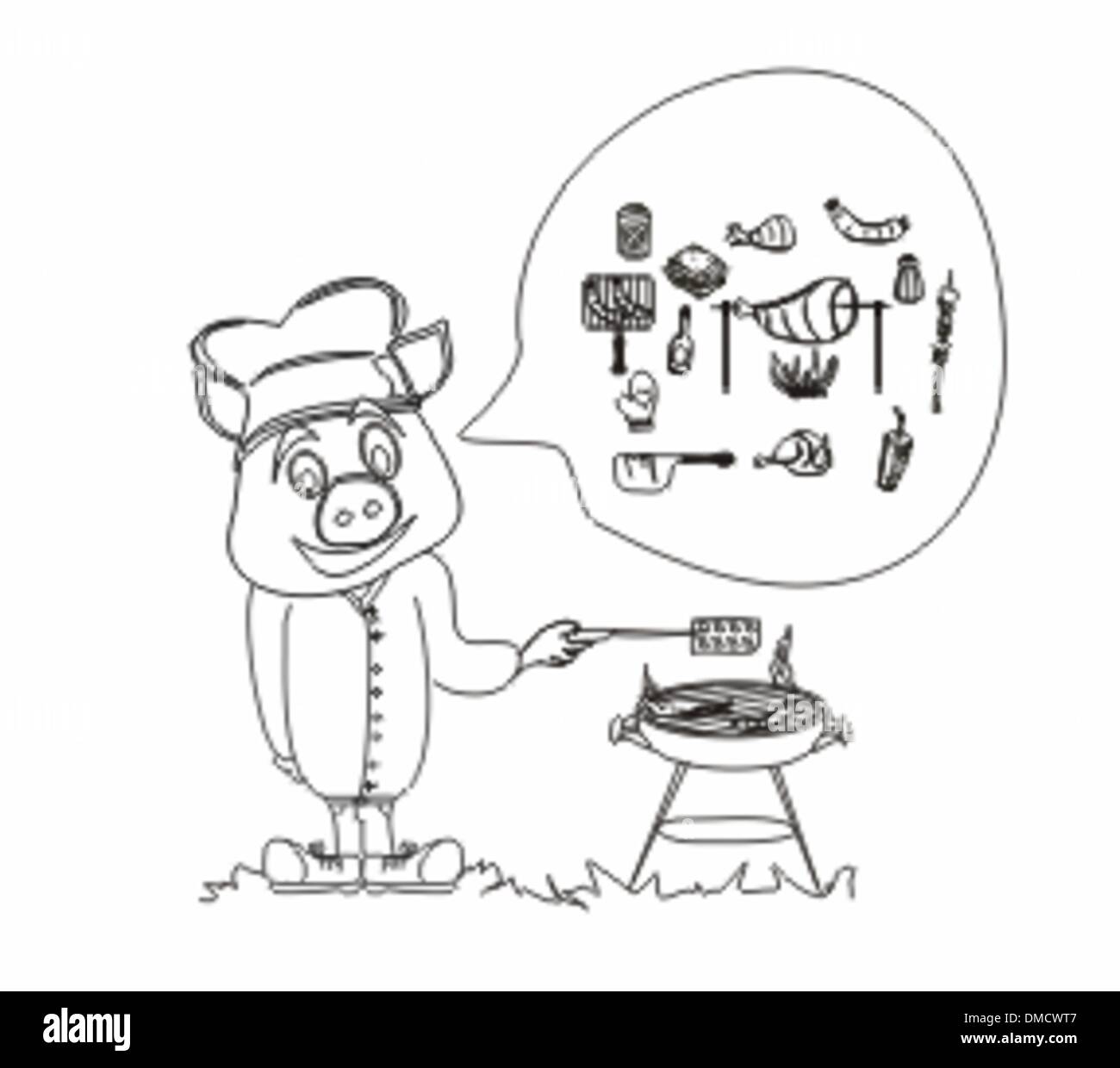 Cartoon-Schwein mit einem BBQ. Stock Vektor