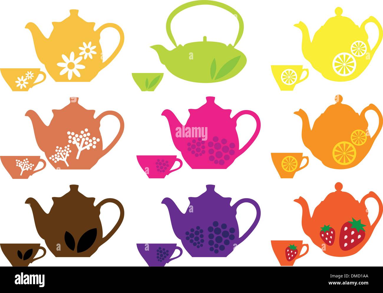 Vektor-Teekannen und Tassen mit Früchten, Stock Vektor