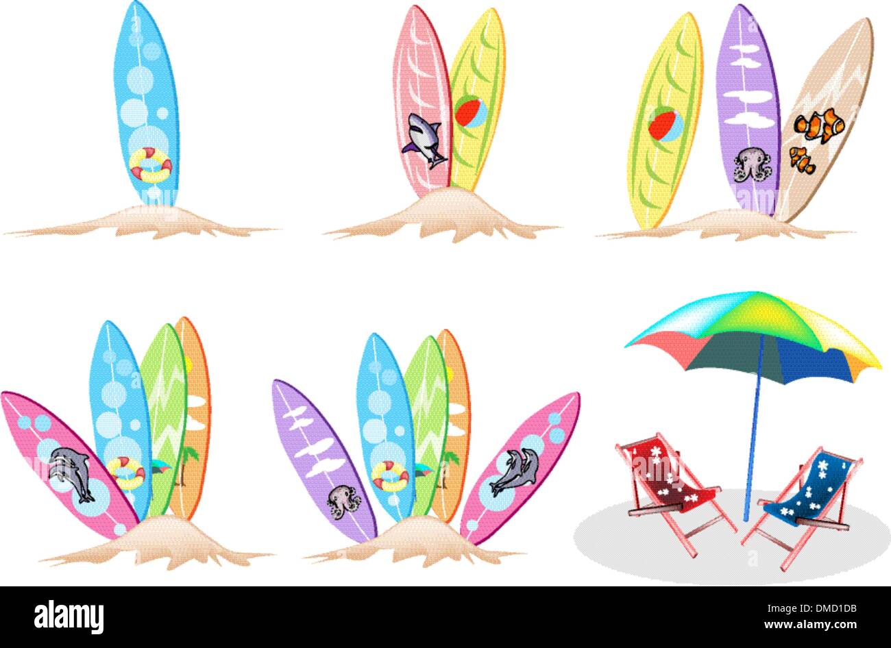 Eine Illustration Set Surfbretter mit Strandkörben Stock Vektor