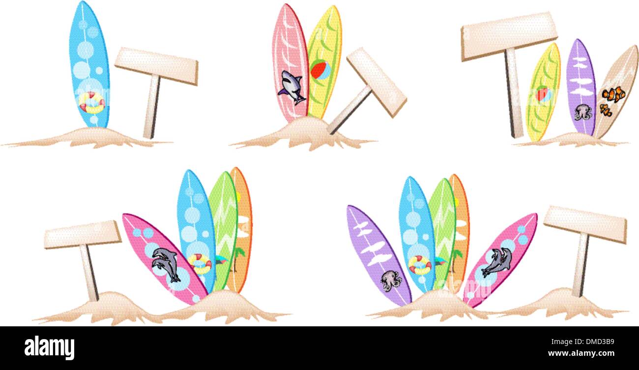 Eine Illustration-Set von Surfbrettern mit hölzernen Schild Stock Vektor