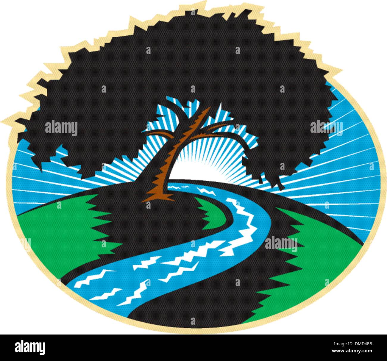 Pecan Baum Wicklung Fluss Sunrise Retro Stock Vektor
