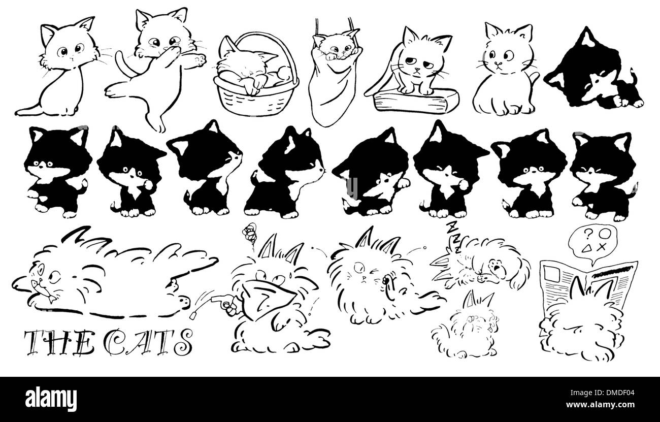 Katze Cartoon Symbole in schwarz Stock Vektor