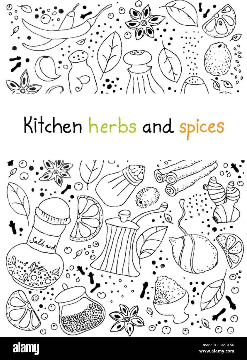 Küchenkräuter und Gewürze doodle Hintergrund Stock Vektor