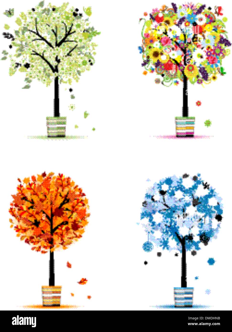 Vier Jahreszeiten - Frühling, Sommer, Herbst, winter. Kunst-Bäume in Töpfen für Ihr design Stock Vektor