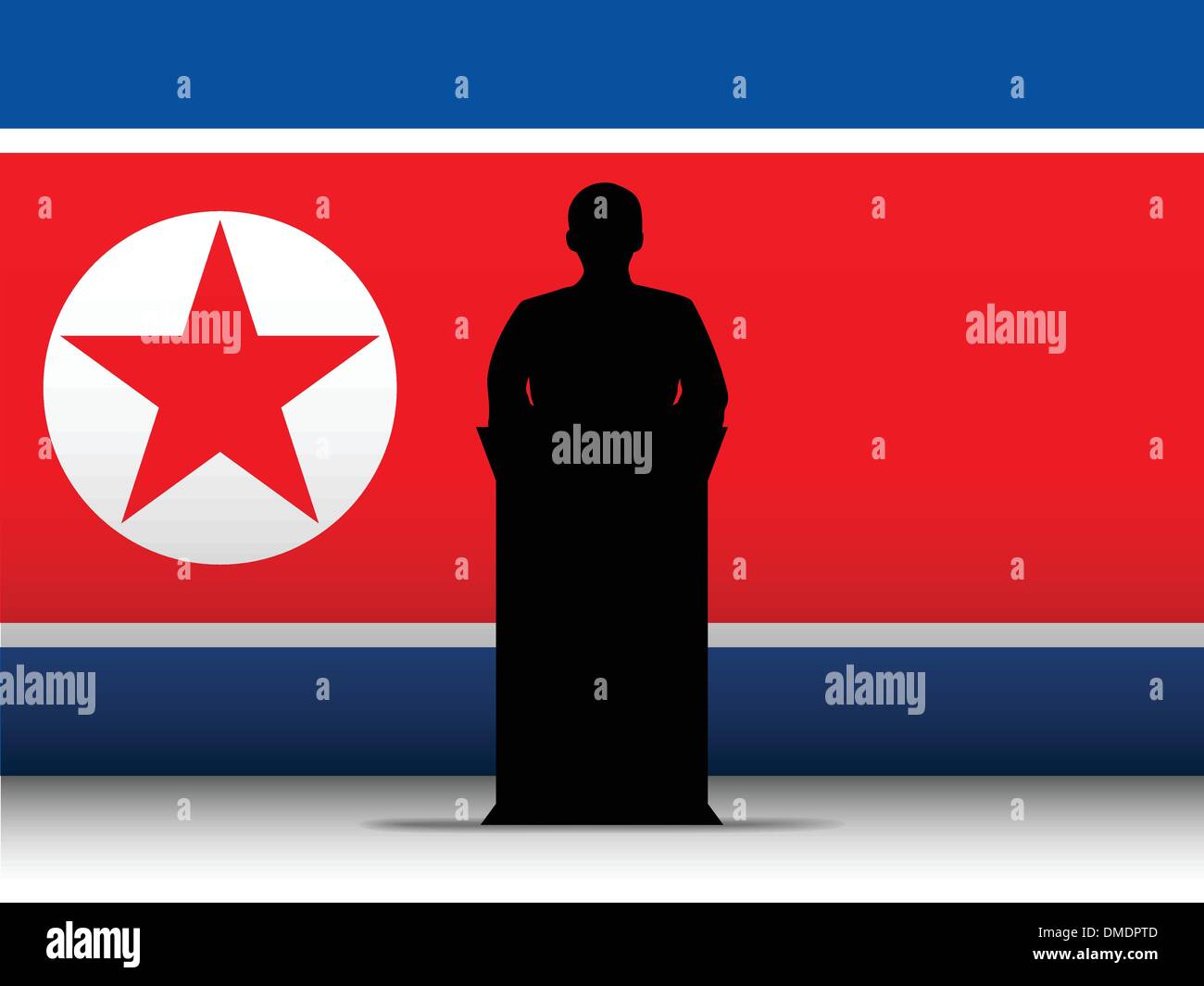 Nord Korea Krieg Rede Tribune Silhouette mit Flagge Hintergrund Stock Vektor