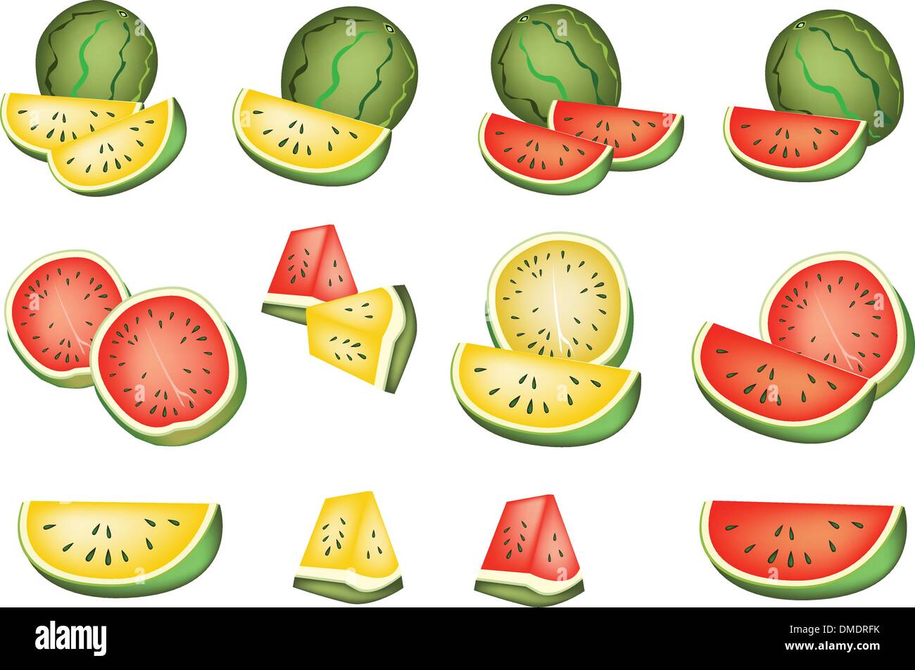Reihe von köstlichen frischen roten und gelben Wassermelonen Stock Vektor