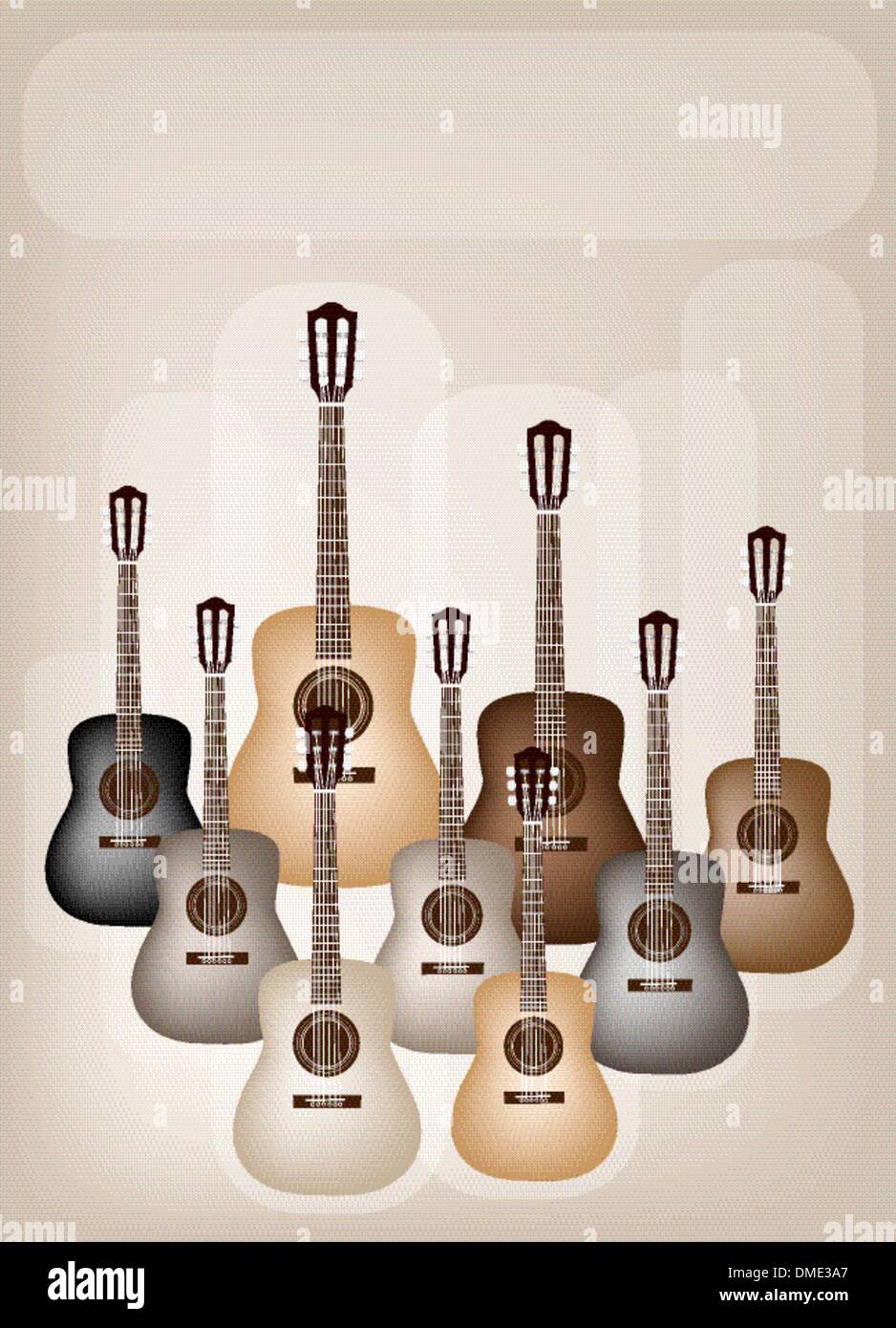 Schöne klassische Gitarren auf schönen braunen Hintergrund Stock Vektor