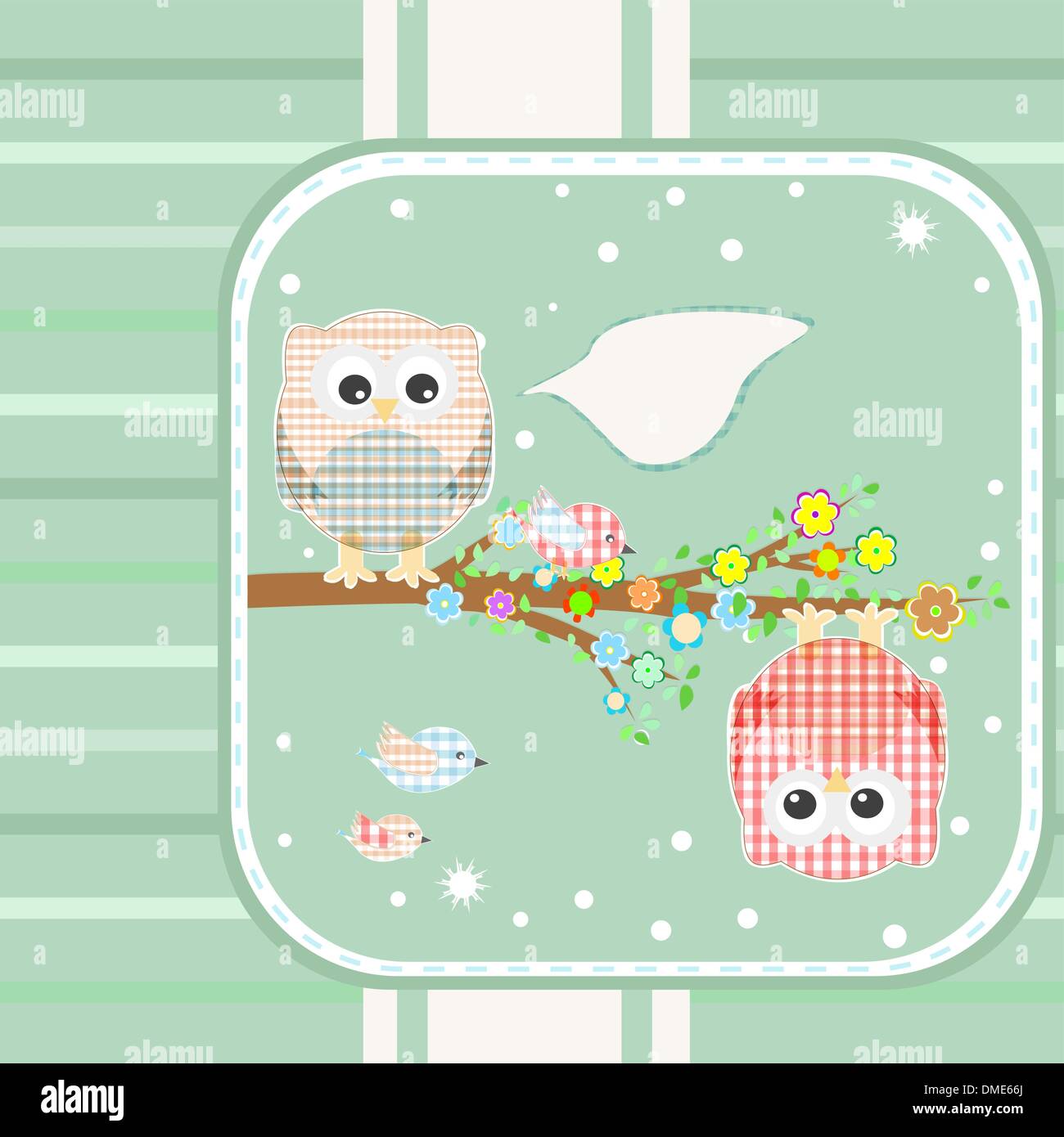 Textile Eule Vogel auf floral Zweig Baum mit Luftblasen Vektor Stock Vektor