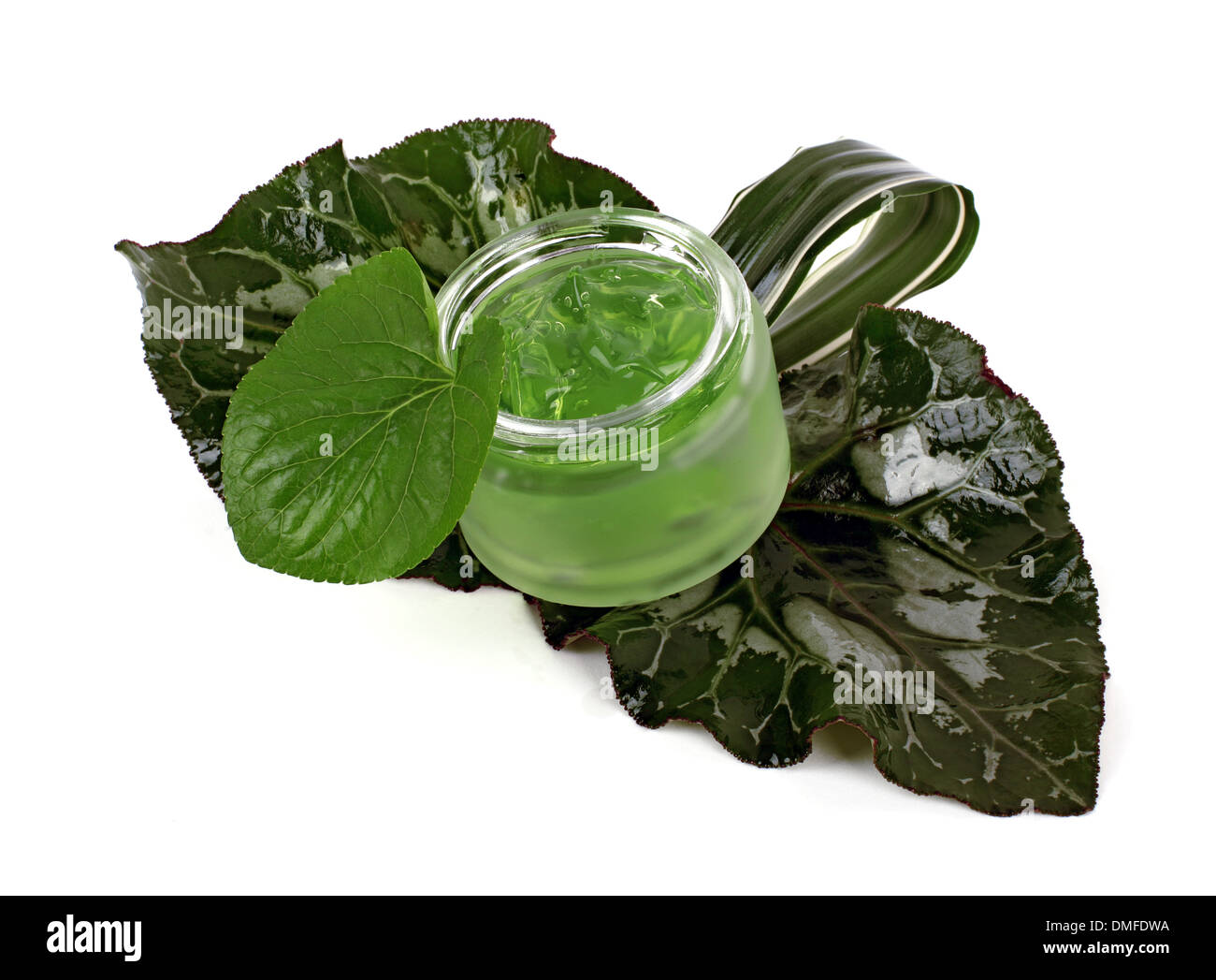 Kosmetik Creme in das grüne Glas auf weißem Hintergrund Stockfoto