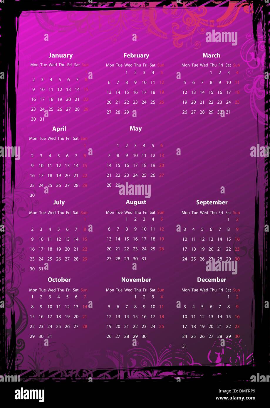 Vektor europäischen floral pink Grunge Kalender 2012 Stock Vektor