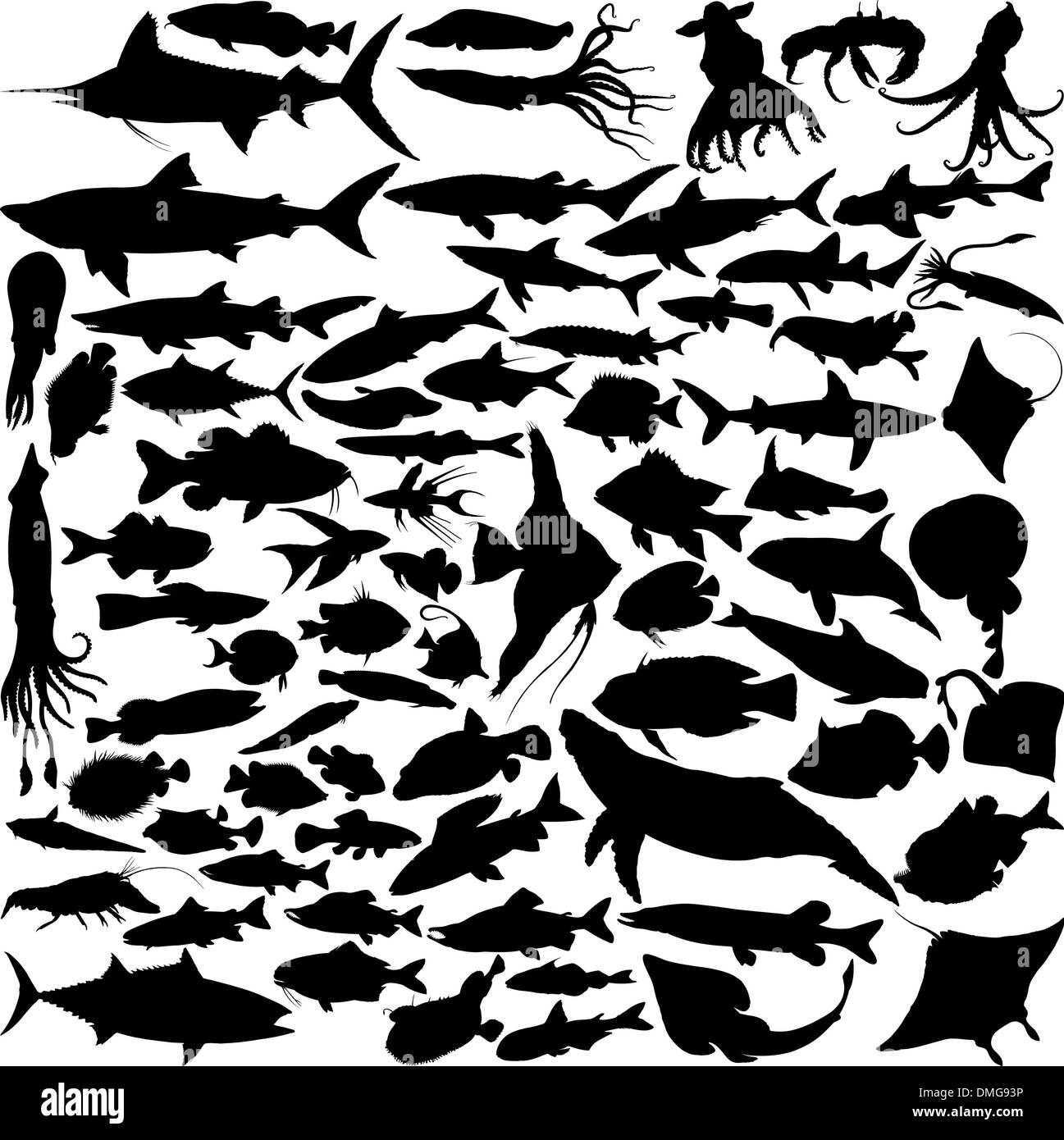 74 Vector Silhouetten von Fischen Stock Vektor