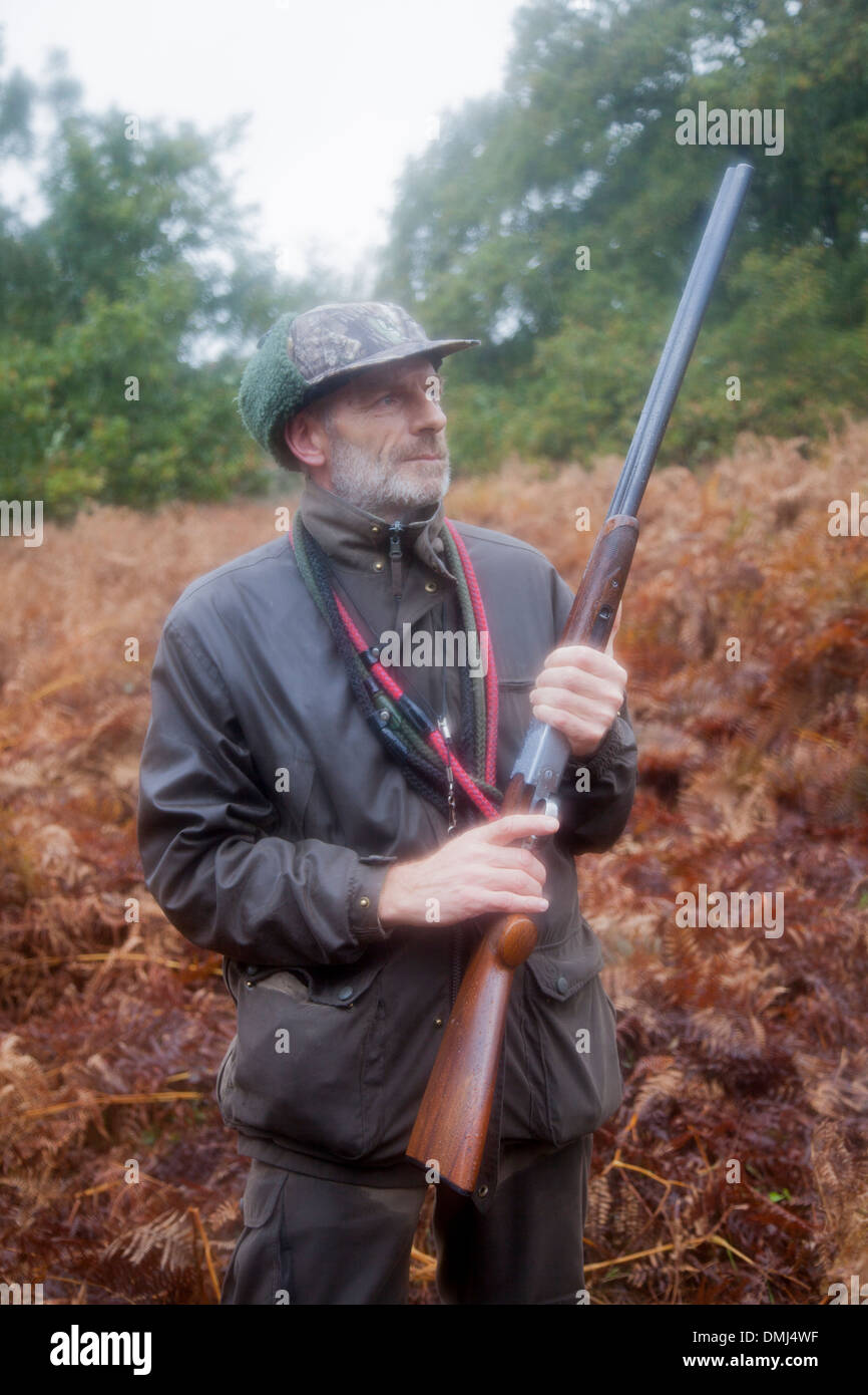 Mann auf Fasan Jagd mit Flinte, Dartmoor, Devon, England Stockfoto