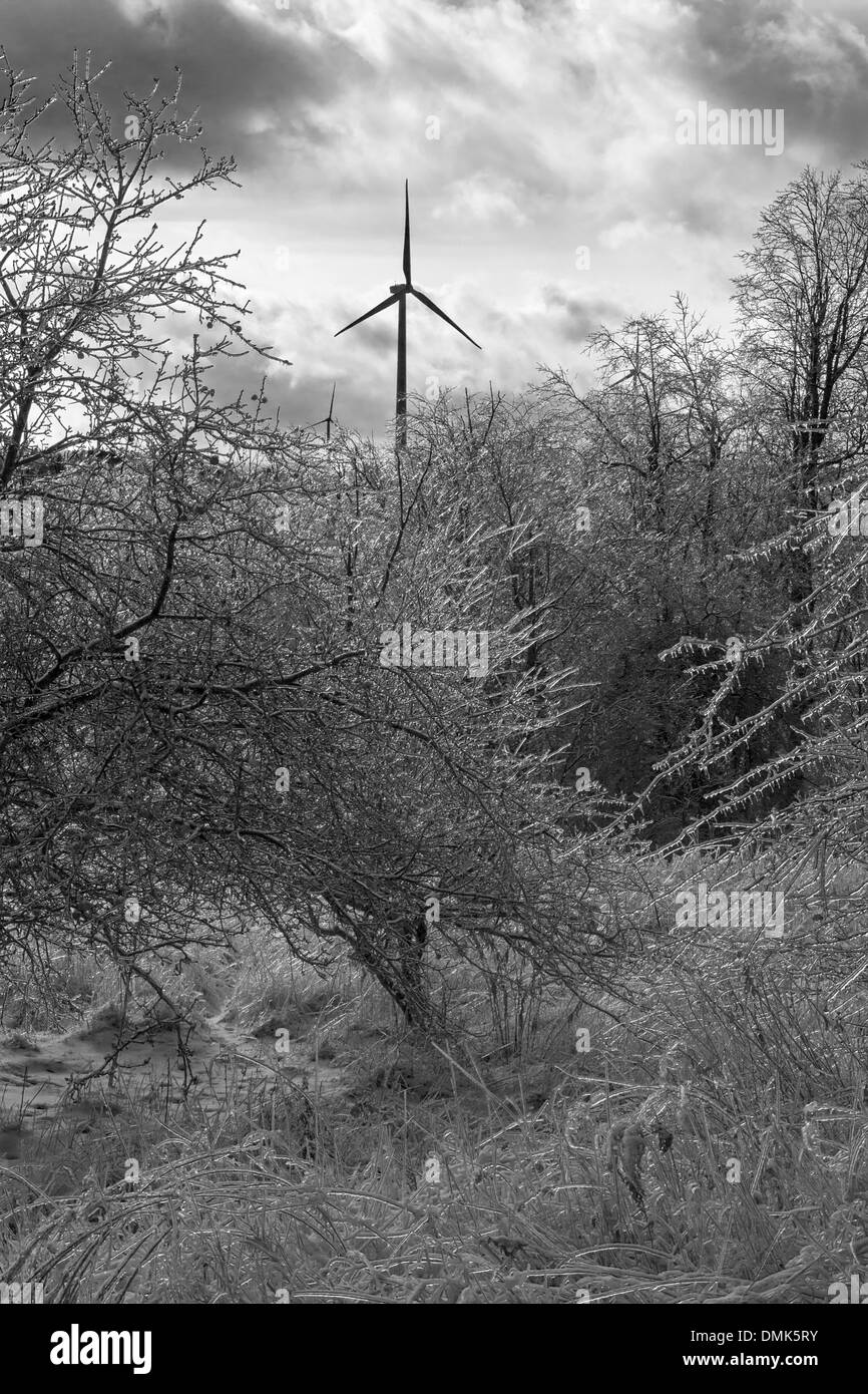 Shanksville, Pennsylvania - einer Windkraftanlage nach einem Eissturm im ländlichen Pennsylvania. Stockfoto