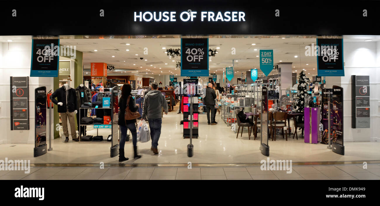 Einkaufszentrum Eingang House of Fraser Kaufhaus Einzelhandel Geschäft Personal Verkauf Shopping & Shoppers Lakeside Einkaufszentrum Thurrock Essex UK Stockfoto