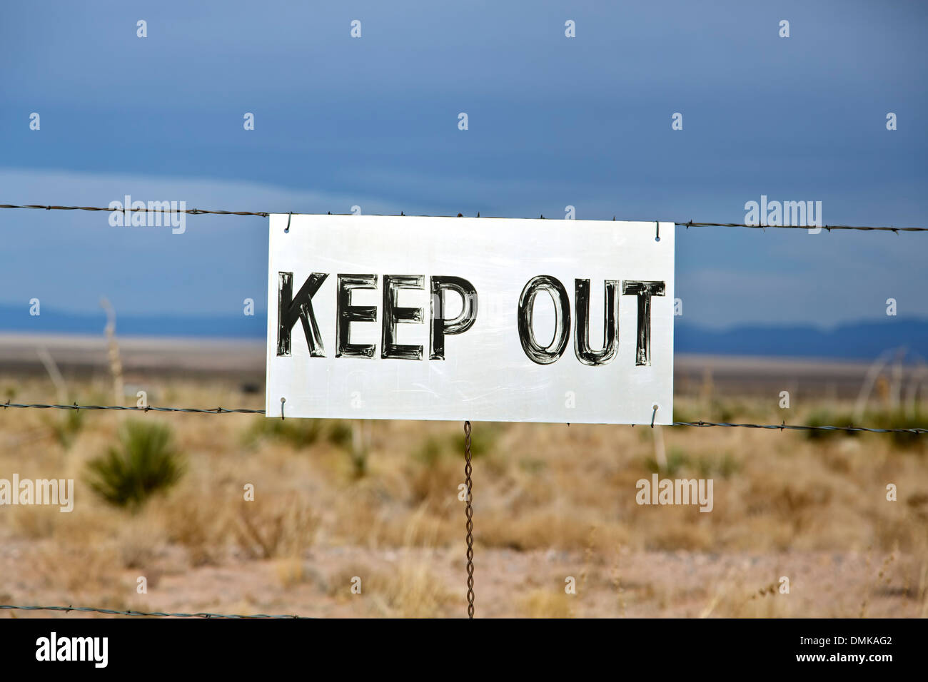 "Keep Out" Zeichen, Trinity Site (erste nukleare Explosion, 1945), neu-Mexiko-USA Stockfoto