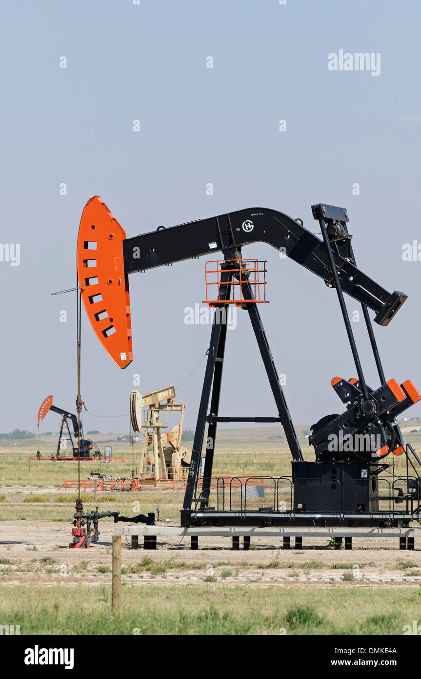 Oilpatch Pumpjacks Pumpe Rohöl aus einem Ölfeld in der Nähe von Shaunavon, Saskatchewan, Kanada Stockfoto