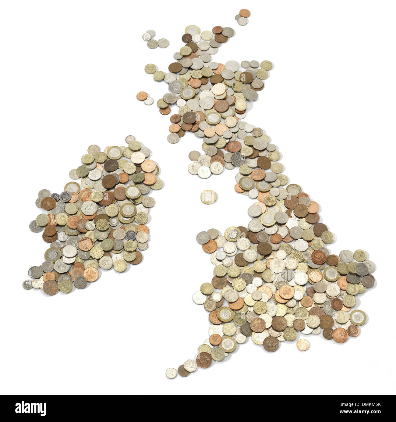 Karte von Großbritannien & Irland bestehend aus Münzen Stockfoto