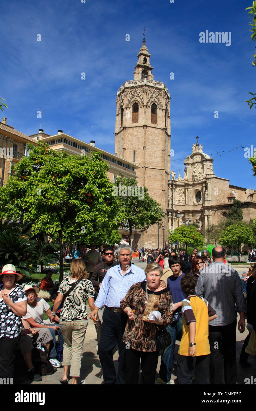 Plaza De La Reina mit Torre Miguelete, Kathedrale, Valencia, Spanien, Europa Stockfoto