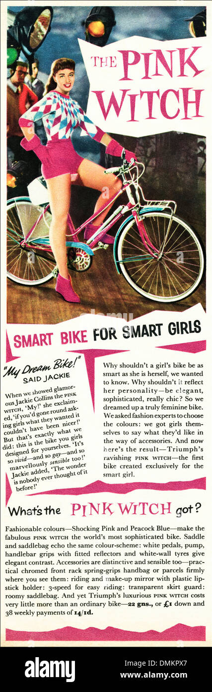 1950er Jahre Werbung. Vintage original Anzeige Anzeige für die rosa Hexe Bike für Frauen Stockfoto
